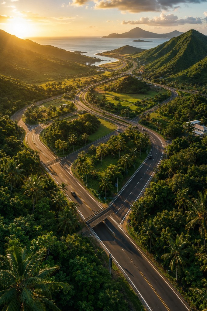Aerial view of a coastal road in Mauritius at sunset